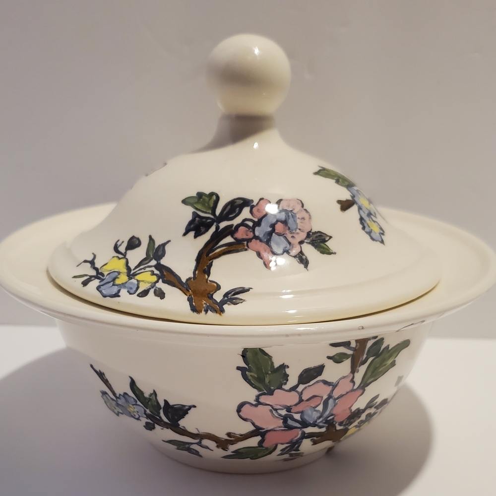 Vintage 1988 Ceramic Covered Candy Dish Lidded Bowl Handpainted Floral Pattern